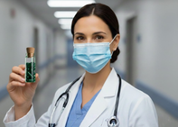 Doctor holding a bottle in a hospital hallway